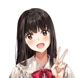 Rule 34 | 1girl, :d, bad id, bad pixiv id, black hair, blush, bow, bowtie, brown eyes, cherim, collared shirt, frilled shirt collar, frills, grey shirt, hand up, head tilt, long hair, looking at viewer, lowres, mole, mole under eye, multicolored hair, open mouth, original, portrait, red bow, red bowtie, red hair, shirt, simple background, smile, solo, streaked hair, v, white background