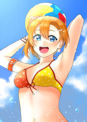 Rule 34 | 1girl, alternate hairstyle, aqua eyes, arm over head, armband, artist name, artist request, ball, bare shoulders, barefoot, beachball, bikini, blue eyes, blue sky, blush, bracelet, breasts, cleavage, clenched hands, cloud, earrings, female focus, front-tie top, hair ornament, hairclip, hand over head, heart, heart earrings, highres, holding, holding ball, holding beachball, jewelry, kosaka honoka, legs, looking at viewer, love live!, love live! school idol festival, love live! school idol project, lying, on back, orange hair, otyaponnko, parted lips, ponytail, red sky, short hair, short ponytail, side-tie bikini bottom, side ponytail, sky, smile, solo, star (symbol), star bikini, star panties, star print, swimsuit, thigh strap, umbrella, water, wrist wrap