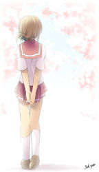 Rule 34 | 00s, 1girl, arms behind back, back, brown hair, day, folded ponytail, from behind, full body, kantoku, komaki manaka, outdoors, own hands together, school uniform, serafuku, socks, solo, standing, to heart (series), to heart 2, white socks