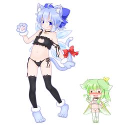 Rule 34 | &gt;:), 2girls, = =, adapted costume, ahoge, animal cutout, animal ear legwear, animal ears, animal hands, animal print, bare arms, bare shoulders, bell, black bra, black legwear, black panties, blue eyes, blue hair, blush, bow, bra, breasts, cat cutout, cat ear legwear, cat ear panties, cat ears, cat lingerie, cat paws, cat print, cat tail, cat teaser, cattail, cirno, cleavage cutout, clothing cutout, collar, daiyousei, dog ears, dog tail, drooling, fairy wings, fang, fang out, female pervert, flat chest, gloves, green hair, hair bow, hair ribbon, heavy breathing, highres, ice, ice wings, jingle bell, kemonomimi mode, meme attire, midriff, mofu mofu, multiple girls, navel, neck bell, off shoulder, panties, paw gloves, paw shoes, pervert, plant, ponytail, ribbon, shoes, side-tie panties, side ponytail, smile, strap slip, sweat, tail, tail bow, tail ornament, tail wagging, thighhighs, thighs, touhou, underwear, underwear only, v-shaped eyebrows, white bra, white legwear, white panties, wings