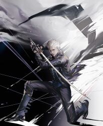 Rule 34 | 1boy, absurdres, black gloves, blue coat, blue eyes, closed mouth, coat, devil may cry (series), fingerless gloves, gloves, hair slicked back, highres, holding, holding sword, holding weapon, katana, male focus, qvlv kuzi feichuan, solo, sword, vergil (devil may cry), weapon, white hair, yamato (sword)