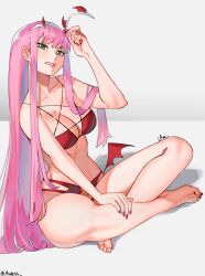 Rule 34 | 1girl, absurdres, alternate costume, artist name, barefoot, bikini, collarbone, darling in the franxx, feet, full body, green eyes, grey background, hairband, hand on own leg, hand up, highres, holding hairband, indian style, l4wless, legs, lips, long hair, looking at viewer, nail polish, on ground, pentagram, pink hair, red bikini, red nails, sidelocks, sitting, solo, swimsuit, toenail polish, toenails, toes, twitter username, very long hair, white hairband, zero two (darling in the franxx)
