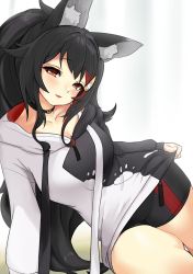Rule 34 | 1girl, animal ear fluff, animal ears, black choker, black hair, black hoodie, black shorts, blush, breasts, choker, commentary, hair ornament, highres, hololive, hood, hoodie, long hair, long sleeves, looking at viewer, medium breasts, multicolored hair, ookami mio, ookami mio (casual), parted lips, paw print, paw print pattern, ponytail, red eyes, red hair, short shorts, shorts, sitting, smile, solo, streaked hair, two-tone hair, two-tone sweater, virtual youtuber, white hoodie, wolf ears, xiaodong327399