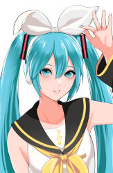 Rule 34 | 1girl, blue eyes, blue hair, bow, cosplay, hair between eyes, hair bow, hatsune miku, highres, kagamine rin, kagamine rin (cosplay), looking up, meriko, parted lips, school uniform, serafuku, solo, twintails, vocaloid, white bow