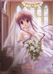 Rule 34 | 1girl, :d, akane-iro ni somaru saka, bare shoulders, bouquet, bridal veil, bride, dress, earrings, elbow gloves, flower, gloves, highres, jewelry, lace, long hair, looking at viewer, nagase minato, necklace, open mouth, rose, ryouka (suzuya), see-through, smile, solo, strapless, strapless dress, thighhighs, veil, wedding dress, white dress, white flower, white gloves, white rose, white thighhighs