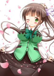 Rule 34 | 1girl, alternate costume, black skirt, breasts, brown hair, closed mouth, collared shirt, commentary request, cowboy shot, gochuumon wa usagi desu ka?, green eyes, green vest, highres, large breasts, long skirt, long sleeves, looking at viewer, one eye closed, petals, ponytail, rabbit house uniform, shirt, skirt, smile, solo, ujimatsu chiya, vest, white shirt, wing collar, xenon (for achieve)