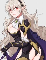 Rule 34 | 1girl, armor, ass, black hairband, black panties, blush, breasts, cape, cleavage, cleavage cutout, clothing cutout, corrin (female) (fire emblem), corrin (fire emblem), fire emblem, fire emblem fates, fire emblem heroes, hair between eyes, hair ornament, hairband, highres, large breasts, long hair, looking at viewer, nintendo, official alternate costume, open mouth, panties, peach11 01, pointy ears, red eyes, smile, solo, torn cape, torn clothes, underwear, white hair