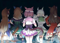 Rule 34 | 5girls, animal ears, armband, black background, black pantyhose, black thighhighs, blue skirt, bow, braid, brown hair, coat, commentary, dress, ear covers, el condor pasa (umamusume), english commentary, frilled skirt, frills, from behind, grass wonder (umamusume), green dress, green hair, green shorts, hair bow, hair ribbon, highres, horse ears, horse girl, horse tail, king halo (umamusume), long hair, looking at viewer, looking back, luchador, multicolored hair, multiple girls, off-shoulder dress, off shoulder, pantyhose, pleated skirt, ponytail, puffy short sleeves, puffy sleeves, purple bow, purple ribbon, red armband, red coat, ribbon, seiun sky (umamusume), short hair, short sleeves, shorts, simple background, single ear cover, skirt, soramuko, special week (umamusume), tail, thighhighs, two-tone hair, umamusume, white hair, white skirt, white thighhighs