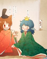 Rule 34 | 10s, 3girls, abyssal ship, alternate costume, animal ears, arinu, blue hair, blush, brown hair, closed eyes, colored skin, crossover, dress, fins, food, hair ornament, head fins, hinamatsuri, hishimochi, horns, imaizumi kagerou, japanese clothes, kantai collection, kimono, long hair, long sleeves, mermaid, mittens, monster girl, multiple girls, northern ocean princess, open mouth, pale skin, red eyes, short hair, smile, tail, touhou, wakasagihime, white dress, white hair, white skin, wide sleeves, wolf ears, wolf tail