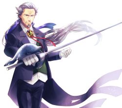 Rule 34 | #compass, 1boy, black pants, black suit, black vest, blue ribbon, brooch, formal, gloves, grey hair, hair ribbon, hair slicked back, highres, holding, holding sword, holding weapon, jacket, jewelry, long hair, long sleeves, male focus, old, old man, pants, ponytail, rapier, ribbon, smile, suit, sword, tamagokake shio, thomas (#compass), vest, weapon, white gloves