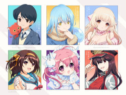 Rule 34 | 1boy, 1other, 4girls, :d, ahoge, artist name, bare shoulders, black hair, blazer, blonde hair, blue hair, blue jacket, blue neckwear, blue sailor collar, blunt bangs, breasts, brown eyes, brown hair, character name, character request, chii, chobits, cleavage, closed mouth, coat, collar, collarbone, collared shirt, commentary, copyright name, creature, dress, english commentary, fate/grand order, fate (series), frilled collar, frilled dress, frills, fur-trimmed coat, fur trim, gloves, hair ornament, hair tubes, hairband, hand on own chest, hashtag, hat, head tilt, highres, jacket, kaze-hime, kita high school uniform, long hair, looking at viewer, maid headdress, medium breasts, medium hair, misha (pita ten), multiple drawing challenge, multiple girls, necktie, oda nobunaga (fate), oda nobunaga (koha-ace), open mouth, orange eyes, orange hairband, peaked cap, pink eyes, pink hair, pita ten, pointing, pointing at viewer, rabbit hair ornament, red eyes, red jacket, rimuru tempest, robot ears, sailor collar, school uniform, shirt, short hair, sidelocks, six fanarts challenge, slime (creature), smile, suzumiya haruhi, suzumiya haruhi no yuuutsu, tensei shitara slime datta ken, track jacket, upper body, v-shaped eyebrows, vest, watermark, web address, white dress, white gloves, white shirt, wing collar, yellow eyes, youkai watch