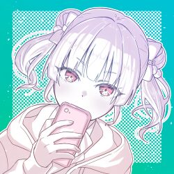 Rule 34 | 1girl, absurdres, blush, bow, cellphone, checkered background, covered mouth, dutch angle, green background, hair bow, highres, holding, holding phone, hood, hood down, hoodie, hyodou shizuku, idoly pride, limited palette, long sleeves, monochrome, phone, pink eyes, pocosaaaan ip, portrait, raised eyebrows, short hair, short twintails, sidelocks, smartphone, solo, twintails