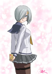 Rule 34 | 1girl, alternate sleeve length, arms behind back, blue eyes, brown pantyhose, commentary request, cowboy shot, gift, grey sailor collar, grey skirt, hair ornament, hair over one eye, hairclip, hamakaze (kancolle), highres, kantai collection, looking at viewer, neckerchief, pantyhose, pleated skirt, sailor collar, school uniform, serafuku, short hair, silver hair, skirt, solo, t2r, thighband pantyhose, yellow neckerchief