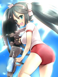 Rule 34 | 10s, 1girl, :d, blue eyes, blue hair, blush, breasts, buruma, dual wielding, gym uniform, hair ribbon, hairband, holding, isuzu (kancolle), kantai collection, large breasts, long hair, looking at viewer, looking back, matching hair/eyes, open mouth, primary stage, ribbon, smile, solo, twintails, twitter username, very long hair, water gun