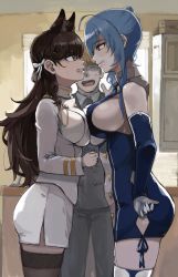 Rule 34 | 1boy, 2girls, ahoge, animal ears, aqua hair, arm warmers, asymmetrical docking, atago (azur lane), azur lane, bad id, bad pixiv id, bare shoulders, black legwear, bow, breast press, breasts, brown hair, character cutout, clenched hand, clenched hands, clenched teeth, closed mouth, commander (azur lane), cowboy shot, doorway, dress, face-to-face, fang, garter straps, geso smith, glaring, gloves, hair bow, hair ornament, hand on own hip, highres, large breasts, long hair, long sleeves, medium hair, miniskirt, mole, mole under eye, multiple girls, nose, profile, purple eyes, shirt, short dress, short hair with long locks, side ponytail, side slit, sideboob, skirt, smirk, st. louis (azur lane), standing, sweatdrop, teeth, thighhighs, thighs, waist cutout, white gloves, white legwear, yellow eyes, zettai ryouiki