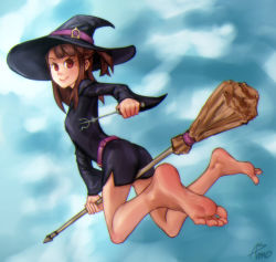 Rule 34 | 10s, 1girl, asmo deus, barefoot, blue background, blue sky, broom, broom riding, brown hair, dutch angle, feet, female focus, flying, hat, holding, holding wand, kagari atsuko, little witch academia, long hair, looking at viewer, red eyes, sky, smile, soles, solo, toes, wand, witch, witch hat, wizard hat