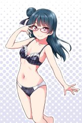 Rule 34 | 10s, 1girl, bespectacled, blue hair, blush, bra, breasts, collarbone, commentary request, frilled bra, frills, glasses, hair bun, halftone, halftone background, hand on own face, hand up, long hair, looking at viewer, love live!, love live! sunshine!!, medium breasts, navel, panties, pink eyes, pink hair, plaid, plaid bra, plaid panties, plaid ribbon, ribbon, semi-rimless eyewear, side bun, single side bun, smile, solo, standing, stomach, tsushima yoshiko, under-rim eyewear, underwear, underwear only, yopparai oni