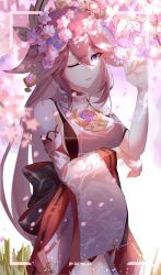 Rule 34 | 1girl, absurdres, arm under breasts, arm up, blush, branch, breasts, cherry blossoms, closed mouth, commentary, detached sleeves, feet out of frame, floral print, flower, genshin impact, grass, hair between eyes, hair flaps, hair ornament, headgear, highres, holding, holding flower, japanese clothes, jewelry, long hair, looking at viewer, miko, nai pizx, necklace, one eye closed, parted lips, pink hair, priestess, print sleeves, purple eyes, ribbon-trimmed sleeves, ribbon trim, simple background, solo, standing, tassel, turtleneck, twitter username, very long hair, vision (genshin impact), white background, white flower, wide sleeves, yae miko