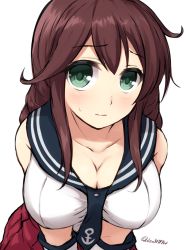 Rule 34 | 10s, 1girl, bare shoulders, belt, blouse, blush, braid, breasts, brown hair, cleavage, don (29219), female focus, gloves, green eyes, kantai collection, large breasts, leaning forward, long hair, looking at viewer, midriff, necktie, noshiro (kancolle), pleated skirt, school uniform, serafuku, shirt, skirt, solo, sweatdrop, swept bangs, twin braids, upper body, white gloves