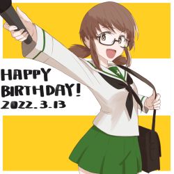 Rule 34 | 1girl, absurdres, bag, birthday, black-framed eyewear, black neckerchief, blouse, brown eyes, brown hair, carrying, commentary, dated, english text, girls und panzer, glasses, green skirt, happy birthday, highres, holding, holding microphone, long sleeves, looking at viewer, low twintails, microphone, miniskirt, neckerchief, ooarai school uniform, open mouth, oritako, ou taiga, pleated skirt, sailor collar, satchel, school uniform, semi-rimless eyewear, serafuku, shirt, short hair, short twintails, skirt, smile, solo, standing, twintails, under-rim eyewear, white sailor collar, white shirt