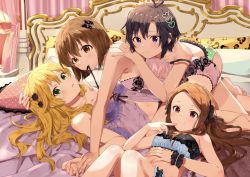 Rule 34 | 4girls, ahoge, antenna hair, barefoot, black flower, black hair, black hairband, black panties, black rose, blonde hair, blue bra, bow, bra, breasts, brown bow, brown eyes, brown hair, cinderella bust, cleavage, closed mouth, finger to mouth, flower, frilled panties, frilled pillow, frills, green eyes, green panties, hagiwara yukiho, hair between eyes, hair bow, hair flower, hair ornament, hairband, hand on another&#039;s head, heart, heart hair ornament, highres, hoshii miki, idolmaster, idolmaster (classic), index finger raised, indoors, kikuchi makoto, lingerie, long hair, looking at viewer, midriff, minase iori, mouth hold, multiple girls, navel, negligee, off shoulder, okouka (gyunyutabetai), on bed, panties, parted lips, pillow, pink panties, pink shirt, polka dot pillow, purple eyes, red eyes, rose, shirt, short hair, sleeveless, sleeveless shirt, small breasts, smile, soles, stomach, thigh strap, underwear, wrist cuffs, yuri