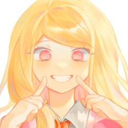 Rule 34 | 1girl, akamatsu kaede, annie ho, blonde hair, collared shirt, danganronpa (series), danganronpa v3: killing harmony, grin, hands on own cheeks, hands on own face, highres, index finger raised, long hair, looking at viewer, necktie, no hair ornament, orange necktie, pink eyes, portrait, shirt, simple background, smile, solo, swept bangs, teeth, white background