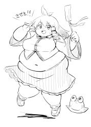 Rule 34 | 1girl, :d, absurdres, antenna hair, big belly, breasts, detached sleeves, fat, flying, gohei, greyscale, hair ornament, highres, kochiya sanae, large breasts, loafers, long hair, looking at viewer, monochrome, navel, nazotyu, obese, oonusa, open mouth, pyonta, shoes, sketch, skirt, smile, snake hair ornament, socks, solo, sweat, sweatdrop, touhou, undersized clothes, v, v over eye, vest, wide-eyed