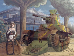 Rule 34 | 1girl, architecture, black thighhighs, broom, brown hair, cable, caterpillar tracks, cloud, earasensha, east asian architecture, hatch, leaf, long hair, maid, maid headdress, military, military vehicle, motor vehicle, mundane utility, original, outdoors, sky, smile, solo, sweeping, tank, thighhighs, tree, type 95 ha-go, vehicle