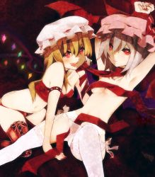 Rule 34 | 2girls, alternate hairstyle, arm support, armpits, arms up, bat wings, bdsm, blonde hair, blush, blush stickers, bondage, bound, bound arms, bow legwear, breasts, co (eselisapyon), collarbone, dominatrix, expressionless, fangs, flandre scarlet, garter belt, garter straps, grin, hair between eyes, hat, lace, lace-trimmed legwear, lace trim, light purple hair, lingerie, lips, lipstick, long hair, looking at viewer, lying, makeup, midriff, multiple girls, navel, no bra, open mouth, pink lips, red eyes, red lips, remilia scarlet, ribbon, serious, short hair, side ponytail, small breasts, smile, teeth, thighhighs, touhou, underwear, wings