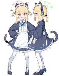 2girls absurdres animal_ear_headphones animal_ears apron black_footwear blonde_hair blue_archive cat_ear_headphones cat_tail fake_animal_ears fake_tail full_body green_halo halo headphones highres looking_at_viewer maid maid_apron maid_headdress midori_(blue_archive) midori_(maid)_(blue_archive) momoi_(blue_archive) momoi_(maid)_(blue_archive) multiple_girls official_alternate_costume pantyhose pink_halo shoes short_twintails siblings simple_background sisters smile somray standing tail twins twintails white_apron white_background white_pantyhose