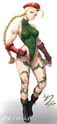 Rule 34 | 1girl, abs, ahoge, antenna hair, bare legs, bare shoulders, beret, black footwear, blonde hair, blue eyes, boots, braid, breasts, cammy white, camouflage, clenched hand, covered collarbone, covered navel, eiwa, fingerless gloves, full body, gloves, green leotard, groin, hat, heattech leotard, highleg, highleg leotard, highres, legs, leotard, lips, long hair, looking at viewer, medium breasts, muscular, muscular female, red gloves, red hat, scar, signature, sleeveless, sleeveless turtleneck, sleeveless turtleneck leotard, solo, street fighter, street fighter ii (series), thighs, thong leotard, turtleneck, twin braids, twitter username, white background