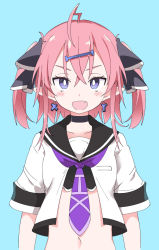 Rule 34 | 1girl, :d, ahoge, black ribbon, black sailor collar, blue background, blush, earrings, fang, hair ornament, hair ribbon, ixy, ixyv, jewelry, looking at viewer, navel, open mouth, original, pink hair, purple eyes, purple neckwear, ribbon, sailor collar, short hair, short sleeves, simple background, skin fang, smile, solo, twintails, upper body, virtual youtuber