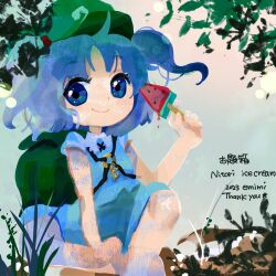 Rule 34 | 1girl, backpack, bag, blue eyes, blue hair, chibi, closed mouth, commentary request, emimi (emimi 28), food, frilled shirt collar, frills, hair bobbles, hair ornament, hat, highres, holding, holding food, holding popsicle, kawashiro nitori, key, leaf, leg up, light blush, looking at viewer, medium hair, mixed-language commentary, outdoors, popsicle, smile, solo, touhou, two side up