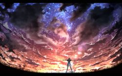 Rule 34 | 1girl, back, bad id, bad pixiv id, cloud, full body, grass, highres, inactive account, kigumo (kigumo tyou), long hair, night, night sky, original, outstretched arms, scenery, sky, solo, spread arms, sunset