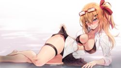 Rule 34 | 1girl, bare legs, barefoot, black bra, black panties, blouse, blue eyes, blush, bra, breasts, collarbone, come hither, commentary request, covered erect nipples, eyes visible through hair, eyewear on head, full body, girls&#039; frontline, gloves, hair between eyes, hair ornament, hair ribbon, hairclip, heart, heart-shaped pupils, highres, kalina (girls&#039; frontline), large breasts, lifted by self, long hair, looking at viewer, lying, miniskirt, on side, open mouth, panties, parted lips, pleated skirt, rainmaker, red-framed eyewear, ribbon, shiny skin, shirt, side ponytail, simple background, skindentation, skirt, sleeves rolled up, solo, symbol-shaped pupils, thigh strap, thighs, unbuttoned, underwear, white shirt