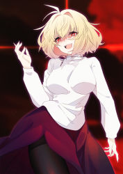 Rule 34 | 1girl, ahoge, antenna hair, arcueid brunestud, black pantyhose, blonde hair, breasts, dark persona, fang, fangs, fingernails, hair intakes, highres, impossible clothes, impossible sweater, large breasts, long fingernails, long skirt, long sleeves, melty blood, melty blood: type lumina, open mouth, pantyhose, purple skirt, red arcueid, red clouds, red eyes, sharp fingernails, short hair, skirt, slit pupils, smile, solo, suzuakks, sweater, tsukihime, tsukihime (remake), turtleneck, vampire
