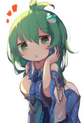 Rule 34 | 1girl, ahoge, alternate hair length, alternate hairstyle, bent over, chii (tsumami tsumamare), collared shirt, cowboy shot, detached sleeves, frog hair ornament, green eyes, green hair, hair ornament, highres, kochiya sanae, looking at viewer, medium hair, nontraditional miko, open mouth, shirt, simple background, solo, standing, touhou, white background, white shirt, wide sleeves