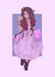 Rule 34 | 1girl, aerith gainsborough, bangle, blue background, boots, border, bracelet, braid, braided ponytail, breasts, brown footwear, brown hair, choker, cleavage, closed mouth, cropped jacket, dress, final fantasy, final fantasy vii, final fantasy vii remake, flower, flower choker, full body, green eyes, hair ribbon, highres, holding, holding flower, jacket, jewelry, kivavis, light smile, lily (flower), long dress, long hair, looking at viewer, medium breasts, parted bangs, pink border, pink dress, pink ribbon, red jacket, ribbon, short sleeves, sidelocks, single braid, solo, wavy hair, yellow flower