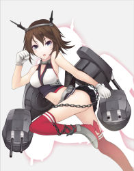 Rule 34 | 10s, 1girl, anchor, bad id, bad pixiv id, bare shoulders, blush, breasts, brown hair, chain, cleavage, gloves, green eyes, kantai collection, kyoeiki, large breasts, looking at viewer, midriff, miniskirt, mutsu (kancolle), open mouth, personification, red thighhighs, running, short hair, sideboob, skirt, solo, thighhighs, white gloves