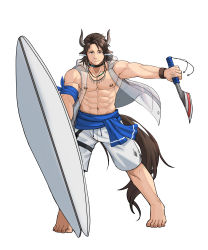 Rule 34 | 1boy, abs, absurdres, animal ears, arknights, bandana, bara, bare pectorals, cow boy, cow ears, cow horns, cow tail, dagger, full body, highres, holding, holding dagger, holding knife, holding surfboard, holding weapon, horns, jewelry, knife, large pectorals, looking at viewer, male focus, male swimwear, matterhorn (arknights), matterhorn (beach guard) (arknights), medium hair, muscular, muscular male, navel, necklace, nipples, official alternate costume, pectorals, see-through, solo, stomach, surfboard, swim trunks, swimsuit, tail, weapon, white background, white male swimwear, white swim trunks, yeon (leyonkim)