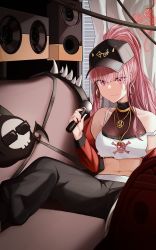 Rule 34 | 1girl, anizi, bare shoulders, black hat, black pants, breasts, choker, closed mouth, collarbone, couch, crop top, earrings, hat, highres, holding, holding microphone, hololive, hololive english, jewelry, long hair, long sleeves, looking at viewer, microphone, midriff, mori calliope, mori calliope (streetwear), nail polish, navel, necklace, off shoulder, on couch, pants, pink eyes, pink hair, ponytail, shirt, sitting, sleeveless, sleeveless shirt, smile, solo, stomach, virtual youtuber