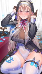 Rule 34 | 1girl, absurdres, amahara subaru, arms up, black dress, blonde hair, blue flower, blush, braid, breasts, brown gloves, candle, cleavage, closed mouth, covered navel, crossed bangs, dress, elf, flower, gloves, hair between eyes, hair ornament, half gloves, halo, highres, indoors, large breasts, leotard, long hair, long sleeves, looking at viewer, nun, original, pink eyes, pointy ears, red ribbon, ribbon, seiza, sitting, solo, thigh strap, thighhighs, veil, very long hair, wet, white leotard, white thighhighs