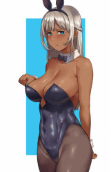 Rule 34 | 1girl, adjusting clothes, adjusting leotard, animal ears, arm behind back, black pantyhose, blue background, blue eyes, blue leotard, blush, braid, breasts, cleavage, clothes pull, commentary request, covered navel, dark-skinned female, dark skin, detached collar, fake animal ears, hai ookami, highres, large breasts, leotard, long hair, looking at viewer, mole, mole on breast, original, outside border, pantyhose, pantyhose pull, playboy bunny, rabbit ears, silver hair, simple background, solo, standing, straight hair, strapless, strapless leotard, white background, wrist cuffs