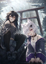 Rule 34 | 2girls, :3, :d, absurdres, ahoge, animal ear fluff, animal ears, bell, black collar, black hair, black jacket, black legwear, blouse, blush, breasts, cat ears, cat hair ornament, collar, commentary request, day, fang, forest, grey hair, grey sweater, hair between eyes, hair ornament, hair over one eye, hasumi (hasubatake39), highres, jacket, jingle bell, kuon (hasumi (hasubatake39)), leaning forward, long hair, long sleeves, looking at viewer, micro shorts, multicolored hair, multiple girls, nature, neck bell, off-shoulder sweater, off shoulder, open clothes, open jacket, open mouth, original, outdoors, pantyhose, red eyes, setsuna (hasumi (hasubatake39)), shirt, shoes, short hair, shorts, single bare shoulder, smile, streaked hair, sweater, thighhighs, torii, very long hair, white hair, white shirt, wide sleeves, yellow eyes