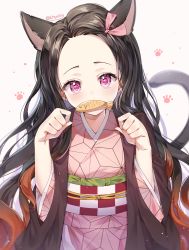 Rule 34 | 1girl, absurdres, animal ears, bad id, bad pixiv id, black hair, brown hair, cat ears, cat girl, cat tail, checkered sash, chyoling, commentary, food, food in mouth, forehead, gradient hair, hair ribbon, hands up, has bad revision, has downscaled revision, highres, japanese clothes, kamado nezuko, kemonomimi mode, kimetsu no yaiba, kimono, long hair, looking at viewer, md5 mismatch, mouth hold, multicolored hair, obi, open clothes, paw pose, pink eyes, pink kimono, pink ribbon, resolution mismatch, ribbon, sash, solo, source smaller, symbol-only commentary, tail, tail raised, taiyaki, upper body, very long hair, wagashi