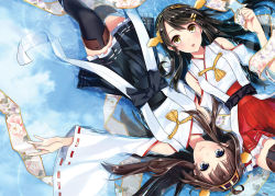 Rule 34 | 10s, 2girls, ahoge, bad id, bad pixiv id, black hair, black legwear, blue eyes, brown hair, detached sleeves, hairband, haruna (kancolle), headgear, kantai collection, kongou (kancolle), long hair, looking at viewer, lying, multiple girls, nontraditional miko, on back, ouka mai, thighhighs, wide sleeves, yellow eyes