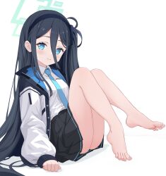 Rule 34 | 1girl, aris (blue archive), barefoot, black hair, blue archive, blue eyes, blush, feet, hairband, highres, light smile, long hair, looking at viewer, pinkiuzu, ringed eyes, soles, toes
