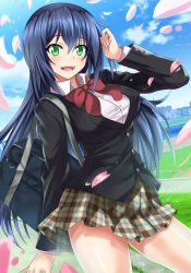 Rule 34 | 1girl, :d, absurdres, bag, black hair, blazer, blush, bow, bowtie, breasts, cloud, cloudy sky, cowboy shot, day, duffel bag, green eyes, hair between eyes, highres, jacket, large breasts, long hair, long sleeves, looking at viewer, nez-box, open mouth, original, outdoors, petals, plaid, plaid skirt, red bow, red bowtie, river, school uniform, skirt, sky, smile, solo, very long hair