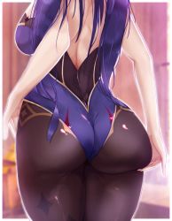 Rule 34 | 1girl, affectionstarve, ass, ass focus, ass grab, ass support, breasts, from behind, genshin impact, head out of frame, highres, huge ass, leotard, long hair, mona (genshin impact), pantyhose, purple hair, shiny clothes, shiny skin, sideboob, solo, twintails, very long hair
