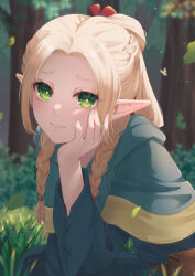 1girl absurdres amarisuu blonde_hair blue_capelet blue_robe braid capelet closed_mouth day dungeon_meshi elf forest green_eyes hair_ribbon hand_on_own_cheek hand_on_own_face head_rest highres leaf long_hair looking_at_viewer marcille_donato nature outdoors pointy_ears red_ribbon ribbon robe solo tree twin_braids